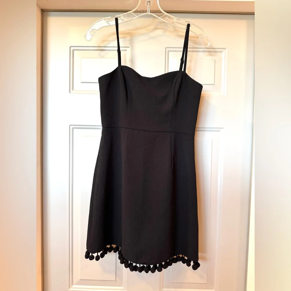 French Connection Black Mini Dress Pom Pom Hem Spaghetti Strap Size US 2